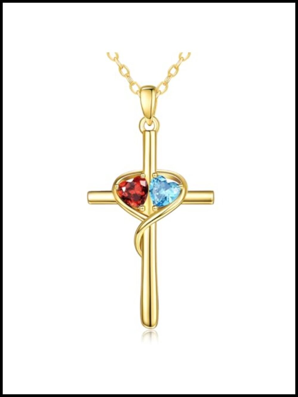 14K Gold Heart Cross Pendant Necklace Double Birthstone